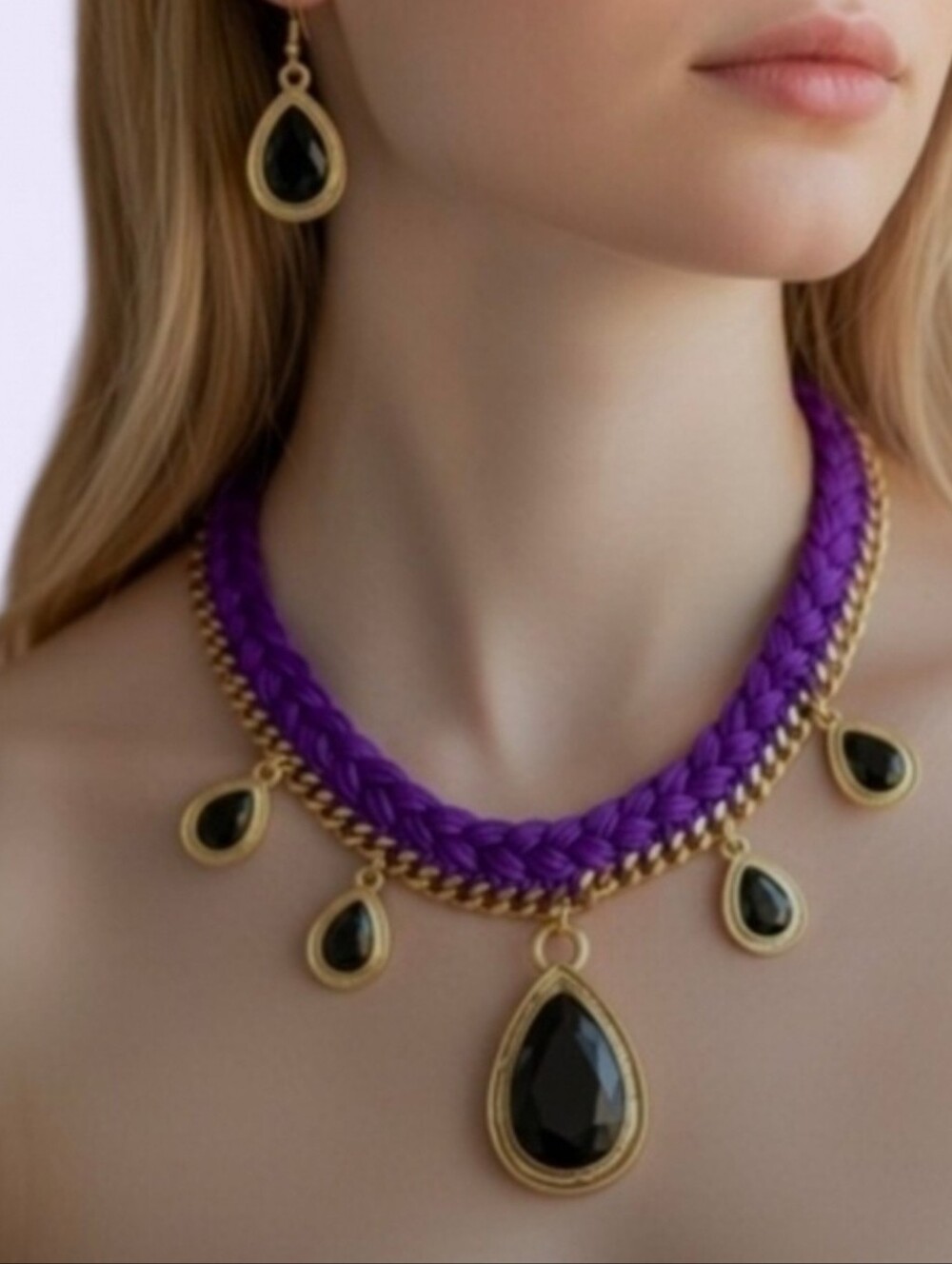 Clover St. Germain Purple Silk & Gold Teardrop Statement Necklace Set ~ NWOT
